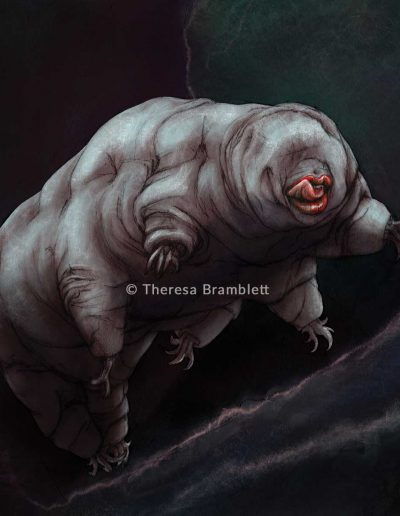 Tardigrade with a woman's mouth, licking her lips