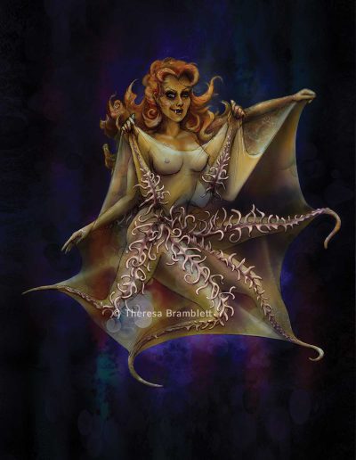 Vampire Squid with a woman's upper body, lifting the tentacle skirt as if it were a skirt.
