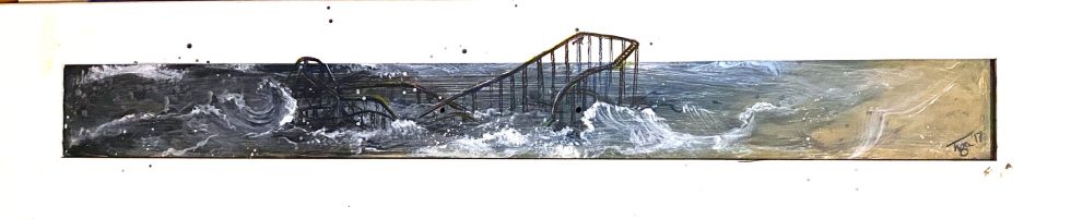 The sunken remains of a roller coaster on the beach during a storm