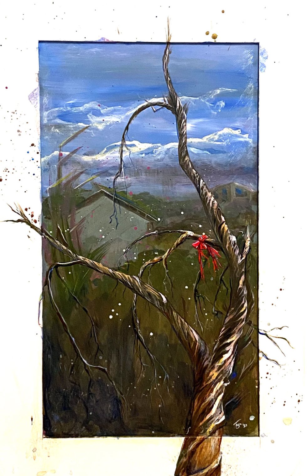 A red bow is tied to a branch in a battered tree with no leaves with a grey building in the background